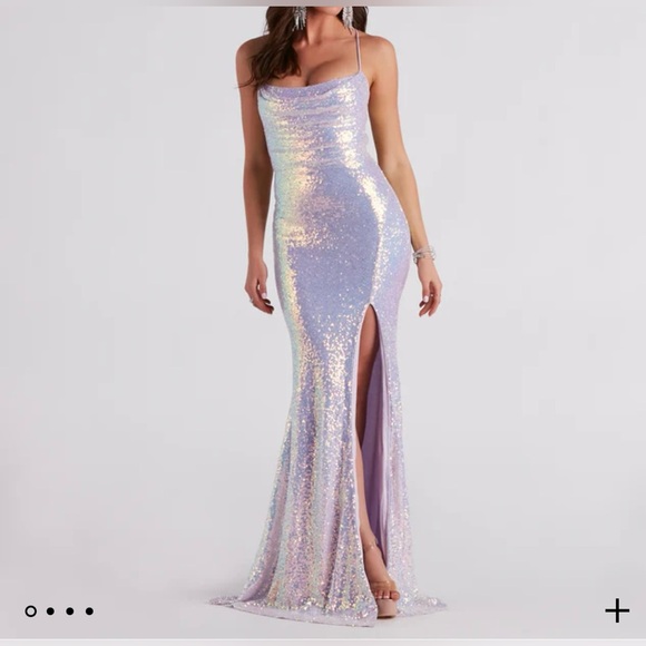 Lavender Iridescent Prom Dress with Slit and Open Criss-Cross Tie Back - Picture 3 of 5